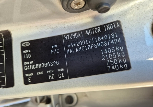 Hyundai i10 cena 11200 przebieg: 153449, rok produkcji 2008 z Zabrze małe 154